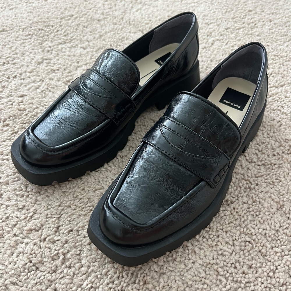 Woman’s Dolce Vita Black Patten Leather Penny Loafers